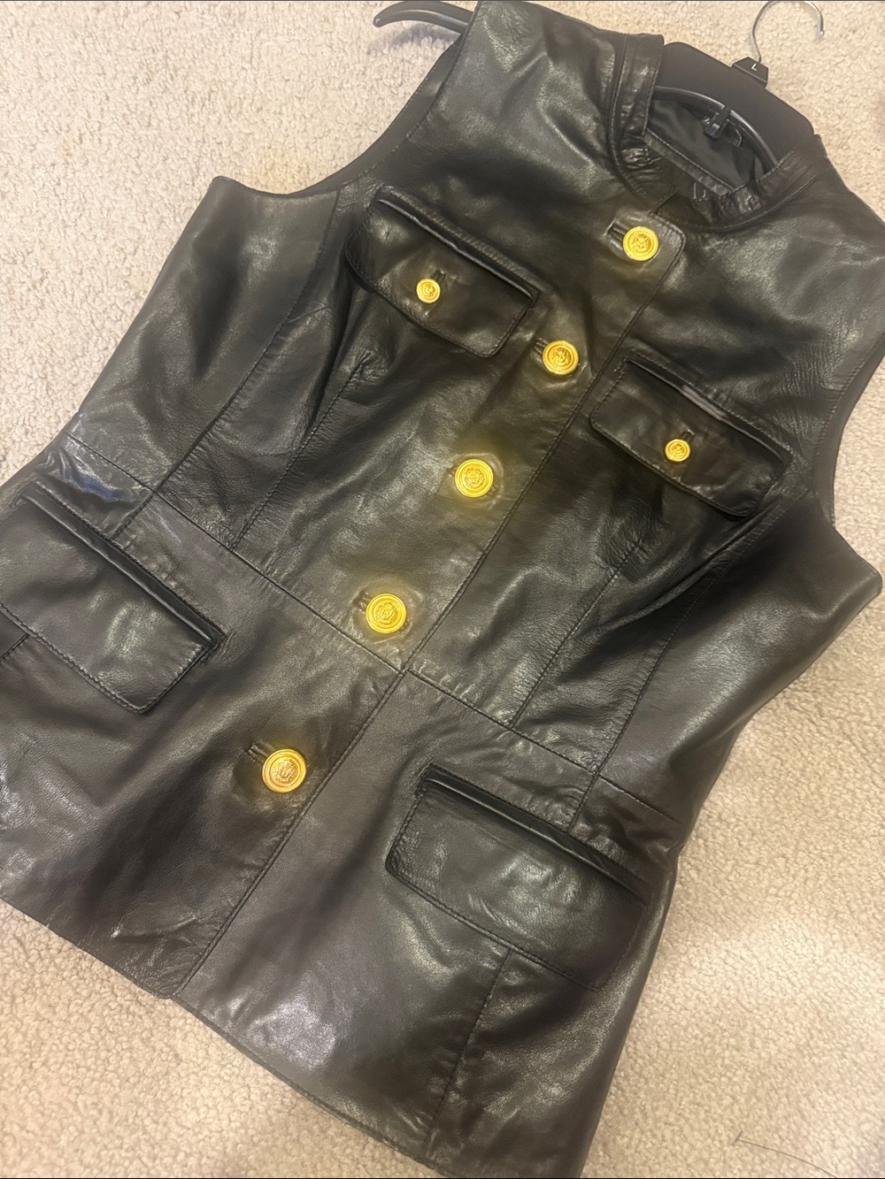 Women Black Leather vest with Gold Buttons